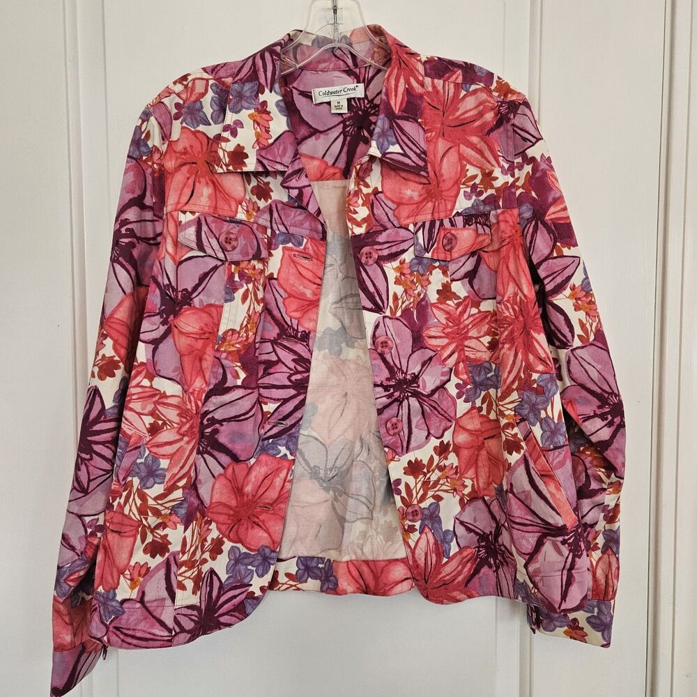 Coldwater Creek Floral Jacket  Pink Purple Jacket Cotton Spandex Sz. Med. Garden